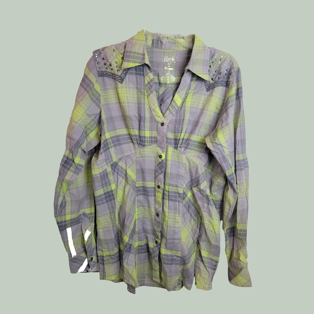 Rock 47 by Wrangler Western Shirt Studded Plaid Button Down Boho Green Grey L